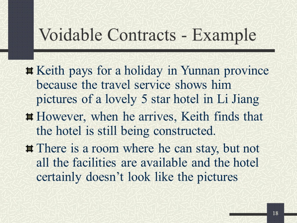 18 Voidable Contracts - Example Keith pays for a holiday in Yunnan province because